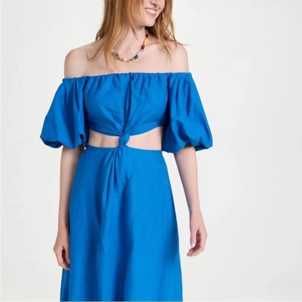 Farm Rio Knotted Linen Blend Blue Midi Cut Out Dress Off Shoulder Size L